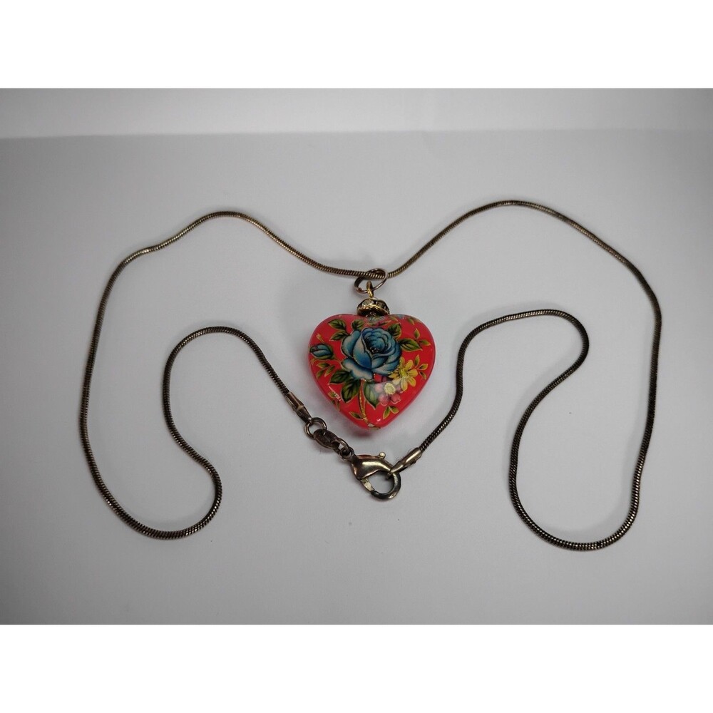 925 Sterling Silver Chain With PUFFY BLUE ROSE RED HEART PENDANT